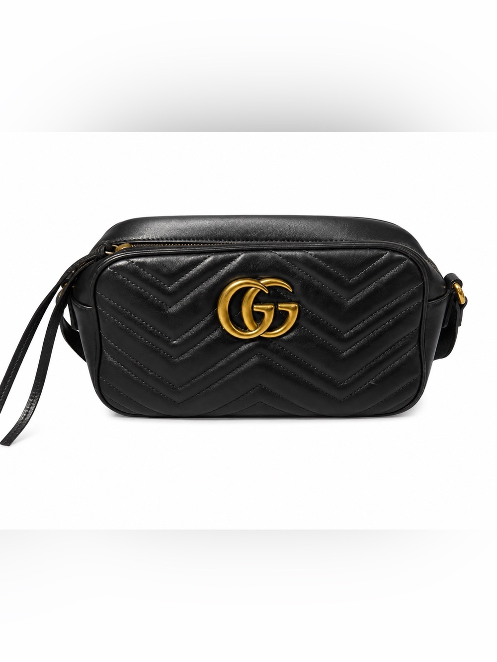Gucci Marmont Black Chevron GG Leather Camera Crossbody Bag with Gold Hardware